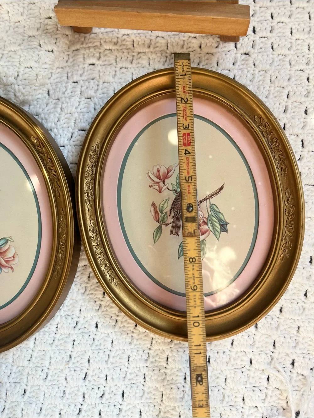 Gold Oval Floral Bird Wall Art Pair - Pink Accents